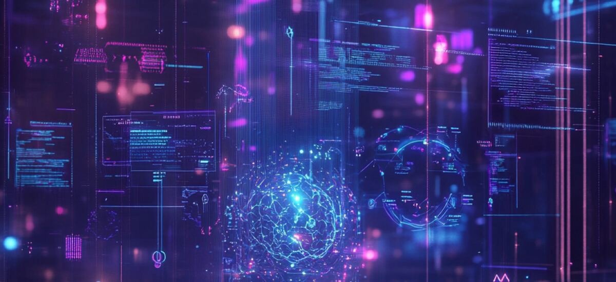 Digital illustration of a glowing neural-network core surrounded by floating panels of code and data