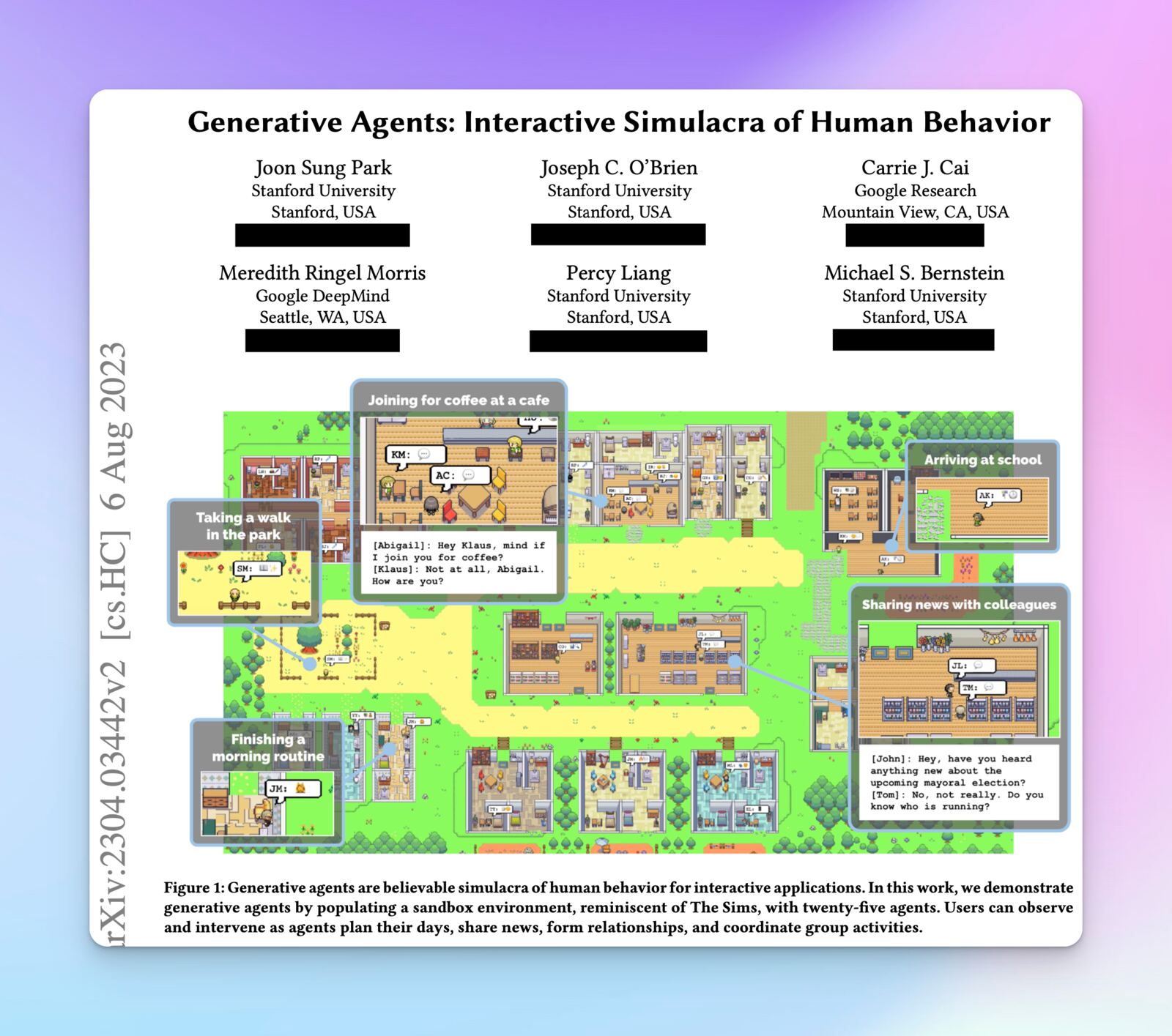 Title page of the Generative Agents paper with its pixel-art map of Smallville, where AI agents go about daily life in a Sims-like town