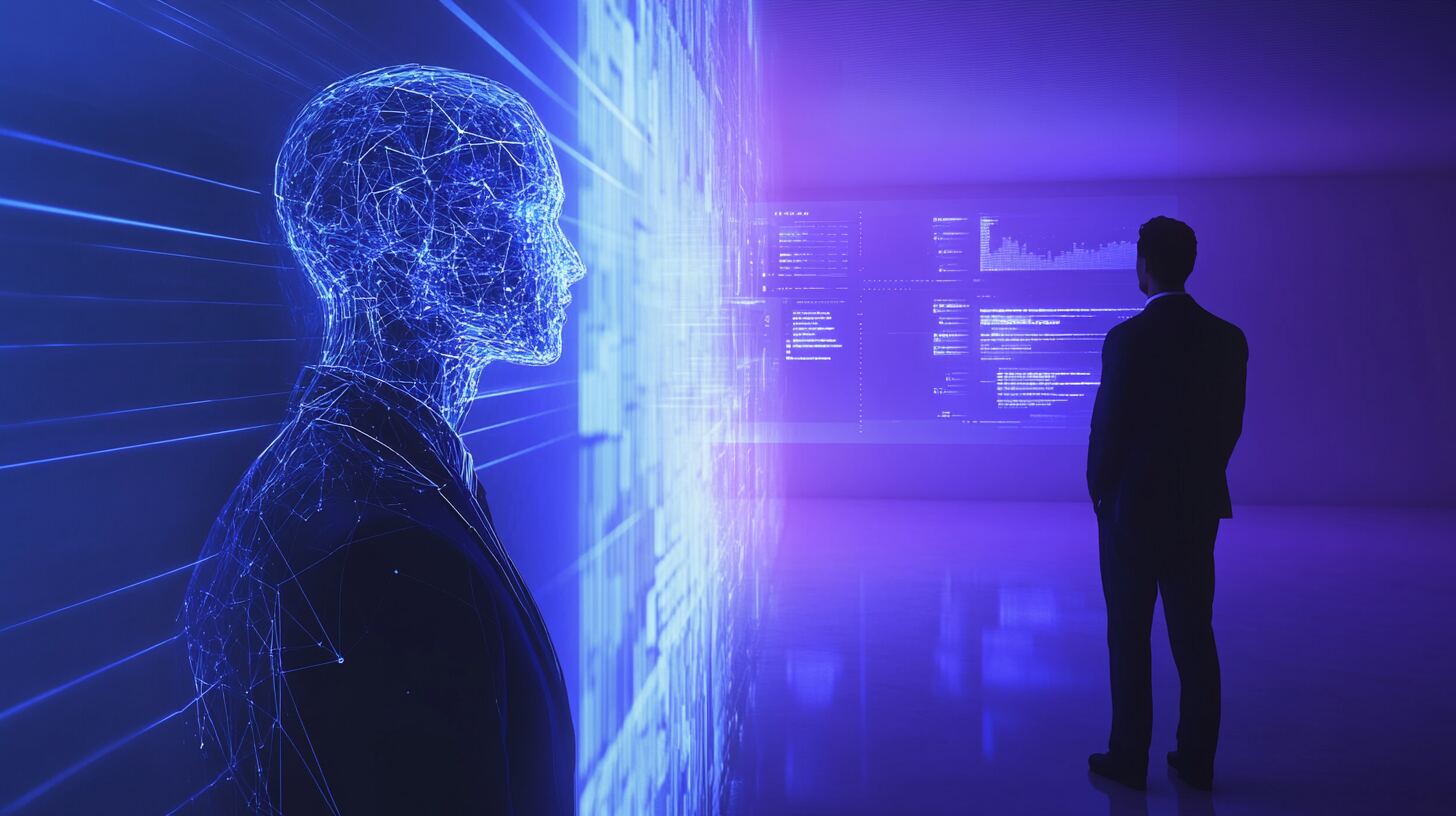 A suited executive studies a wall of holographic code and charts while a glowing wireframe figure faces him across the room