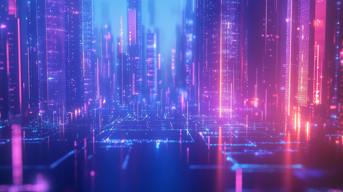 Neon cyberpunk cityscape of data-tower skyscrapers rising from a glowing circuit-board grid